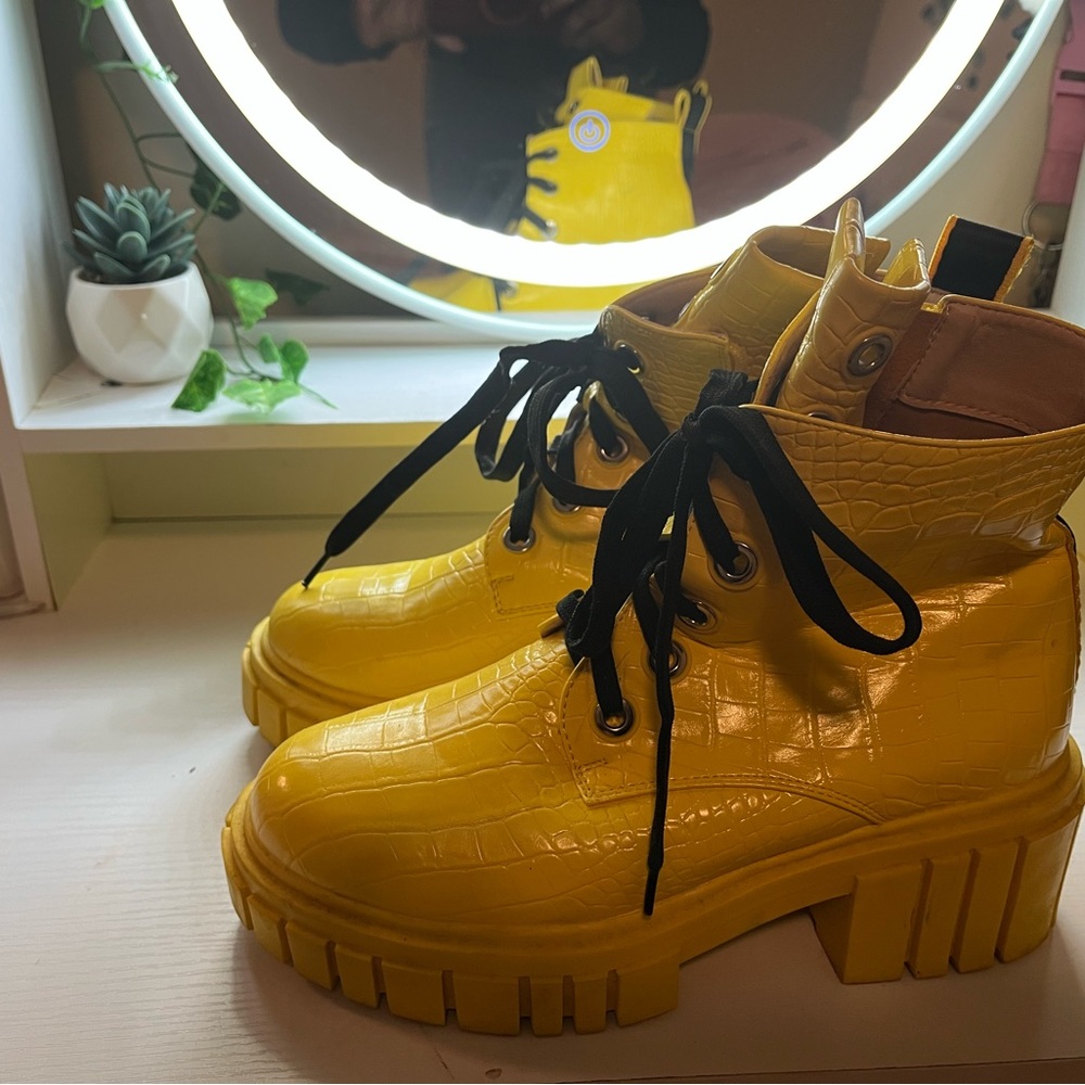 Yellow Ankle Boots with Black Laces
